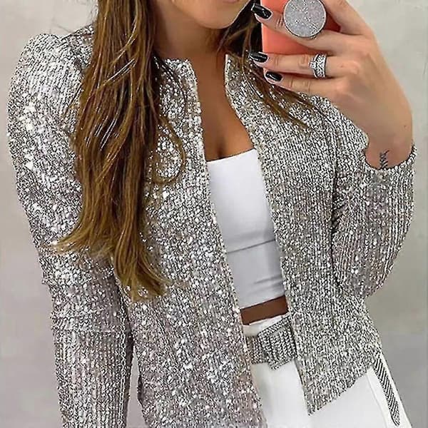 Women Cardigan Long Sleeve Glitter Sequin Jacket Open Front Casual Lady Jacket Red M Red M
