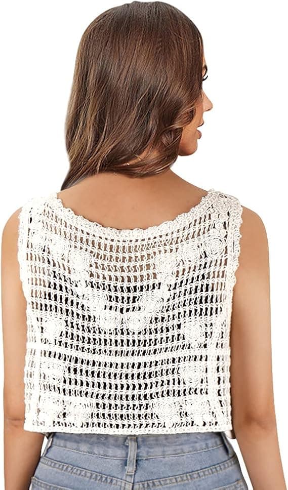 Blommig virkad spets boho-kant ärmlös cardigan med öppen front for damer