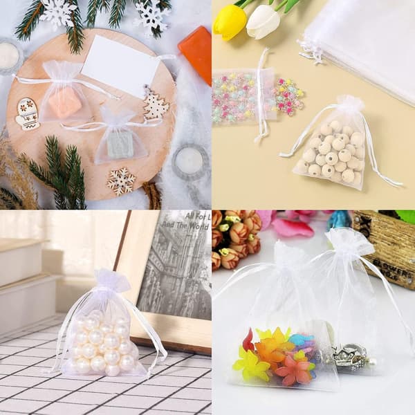 Pakke med 100 poser, 7 x 9 cm, organza gavepose, hvit
