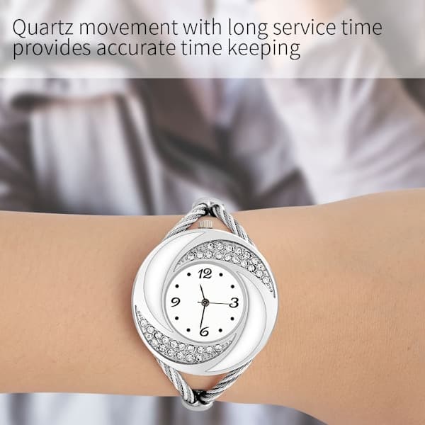 Geekthink Rhinestone Quartz Analog Watch Open Bangle Alloy Case Wristwatch Silver White
