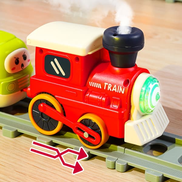 Damptogsett med spor, rødt elektrisk leketog, bursdagsgave til gutter og jenter. Lite tog Small Train