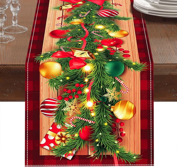 Christmas Tablecloth Red With Trees, Candy And Bells Print Holiday Dinner Decor 275x33cm