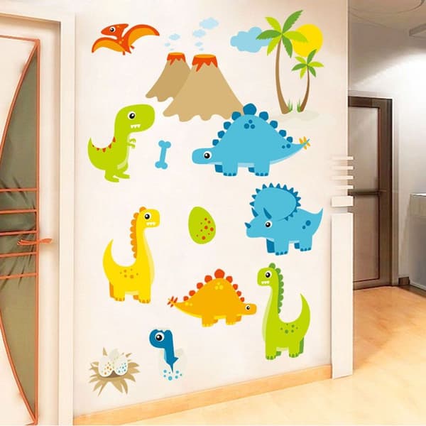 Dinosaurusten sarjakuvamaailman seinätarra lastenhuoneen tausta