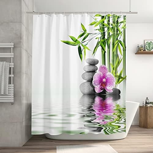 Zen Duschdraperi Anti Mögel 3D-tryckt Bambu Sten Badrumsgardin 180x200 Lång Vattentät Polyestertyg Orkidé P