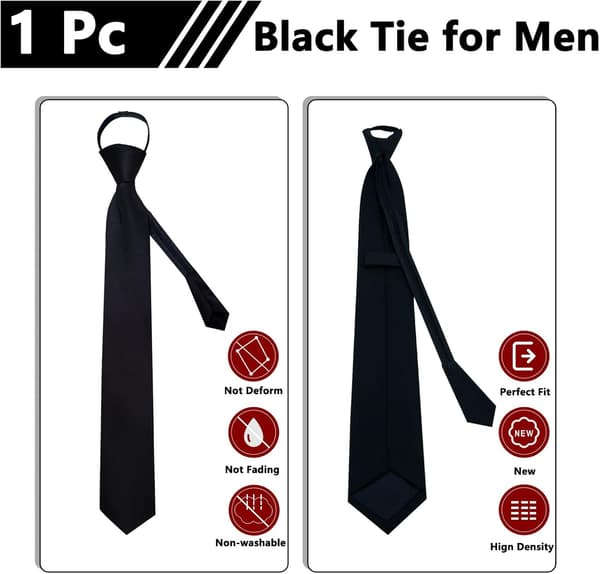 Færdigbundne justerbare lynlåsslips til mænd 3,15'' Herreslips Kontor Dimission Skoleuniformer Sort Slips - 1-pakke - Black Tie-1 Pack