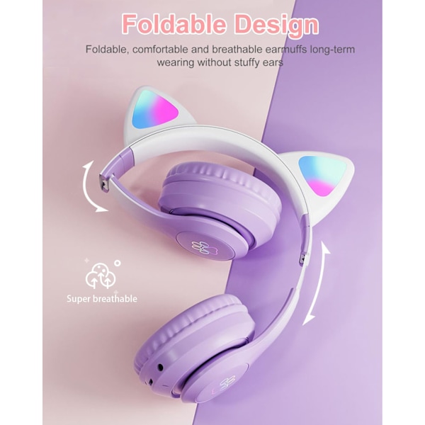 Lila-Kids-kuulokkeet, Bluetooth langattomat kuulokkeet lapsille Teineille Aikuisten, Over-Ear Bluetooth -kuulokkeet mikrofonilla, Kissan korvien kuulokkeet tytöille