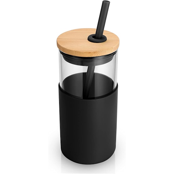 47 cl glastumlare med sugrör och bambulock, återanvändbar iskaffemugg, smoothie-muggar, tumbler med silikonskydd - svart