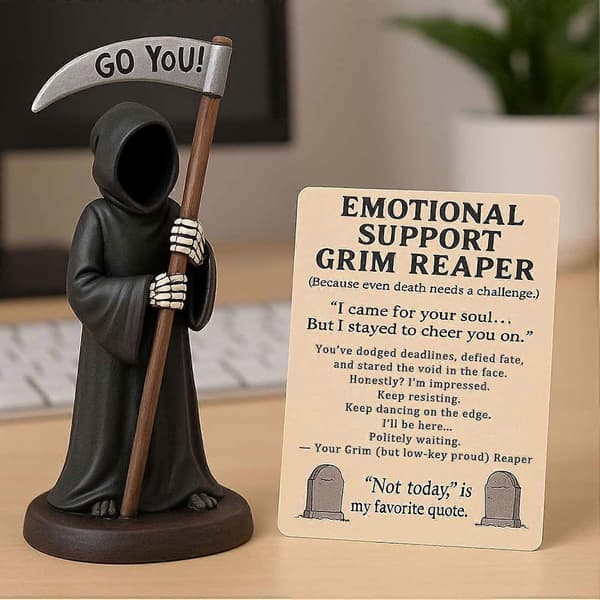 Emotional Support Grim Reaper, Hand-Painted Gothic Grim Reaper Statue Holding Coffee & Cat with Emotional Support Card B B