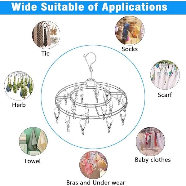 Stainless Steel Clothes Drying Rack with 20 Clips, Round, Space-Saving