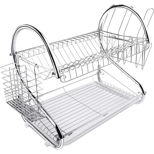 ARyee Two-Tier Dish Rack, Silver, Bowl Holder for Plates and Cups with Drip Tray