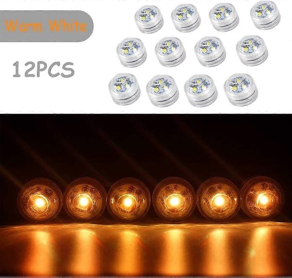 12 LED Flamfrie Undervanns-TeLys, Batteridrevne Nedsenkbare Vanntette Dekorative Lys (Varmhvit)