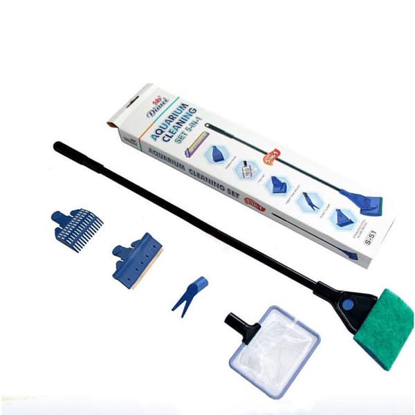 Aquarium Cleaning Tool, Aquarium Cleaning Kit with Adjustable Long Handle, 5 in 1 Tool Including Fish Net, Algae Scraper (Adjustable)