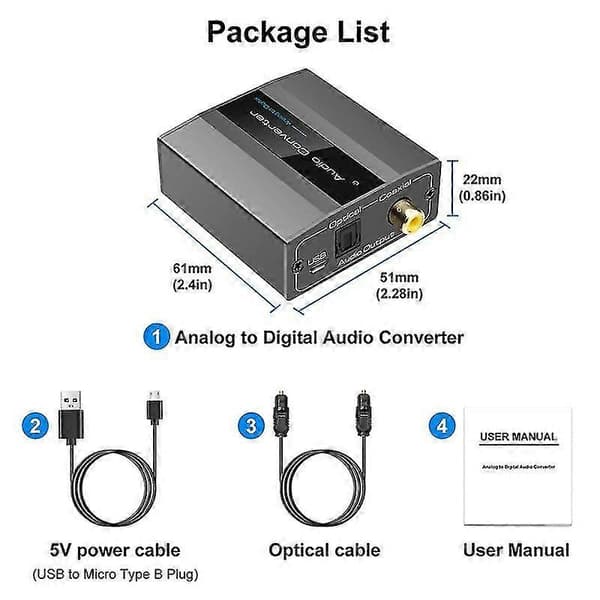 Analog til digital lydkonverter RCA til optisk med optisk kabel lyd digital Toslink og Coaxi