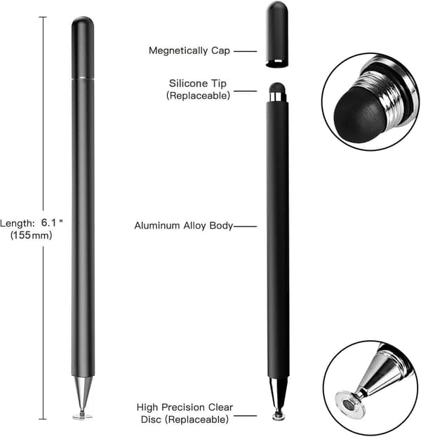 Black Touch Screen Stylus Pen, 2 in 1 Capacitive Stylus Universal High Sensitivity and Accuracy for Smartphones Tablets Galaxy Huawei