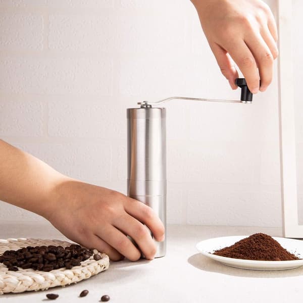 Manual Stainless Steel Coffee Grinder with Adjustable Ceramic Conical Burrs, Compact Portable for Home, Office, Travel, Silver