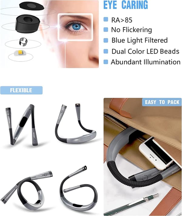 Oppladbar Halsleselampe, Lampe for Lesing i Sengen, 3 Farger_tfrf