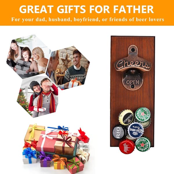 Magnetic Wall Mounted Bottle Opener with Catcher, Fun Gift Idea for Men, Dad, Husband, Suitable for Home Bar Accessories