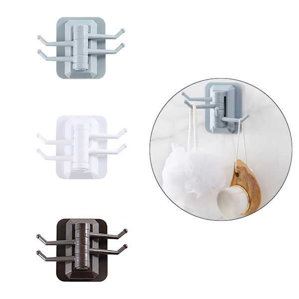 The new 4 hooks multi-function rotating hook Kitchen Bathroom Wall Storage Strong self-adhesive towel rack Free punching No Trac White White