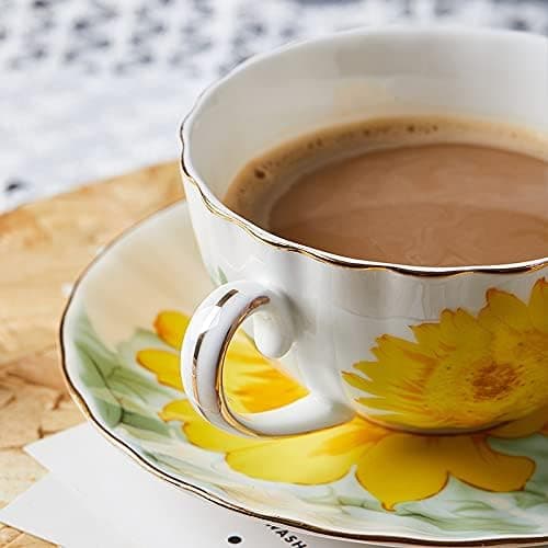 Keramisk solsikke tekoppsett kaffekrus med skål 4 stk - 4pcs