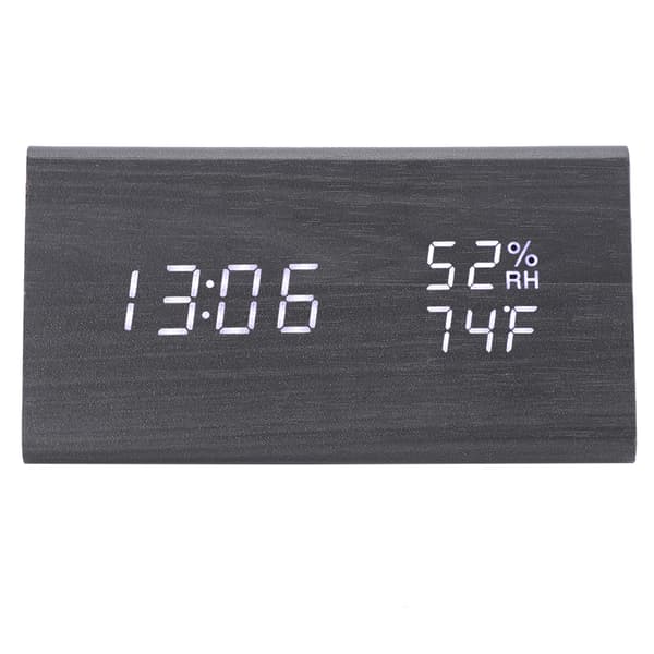 Digital LED Wooden Table Clock Voice Control Triangular Temp Humidity Alarm White Light