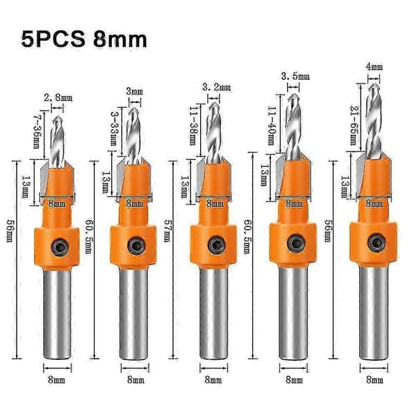 Unique 5-pack 8mm Round Shank Countersink Drill Bit with Key Countersink for Woodworking Hole Woodworking Chamfer