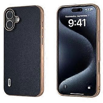 ABEEL Compatible Case for iPhone 16 Electroplating Genuine Leather PC Phone Case (Blue)