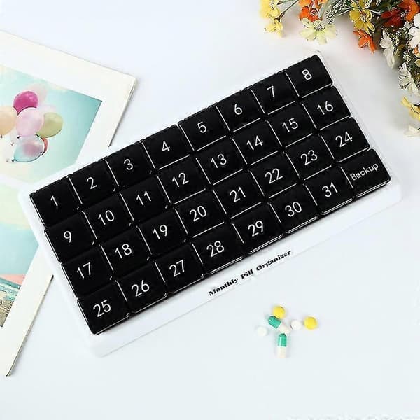 Monthly 31 Compartments, 1 Per Day, 4 Weeks Full Month 31 Days, Black