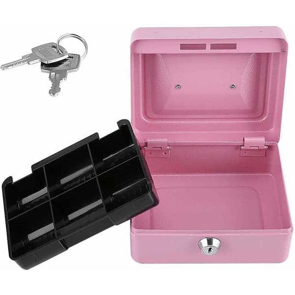Låsbar säkerhetsbox i stål, minikassa, minikassa i stål, med 2 nycklar, för kontanter, mynt (rosa)