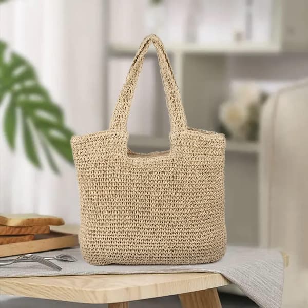 Beige Women Straw Bag Wide Shoulder Tote Summer Beach Woven Straw Bag