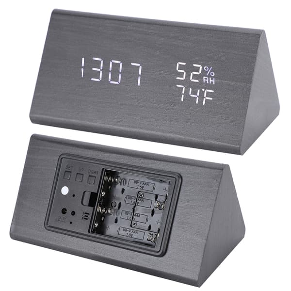 Digital LED Wooden Table Clock Voice Control Triangular Temp Humidity Alarm White Light