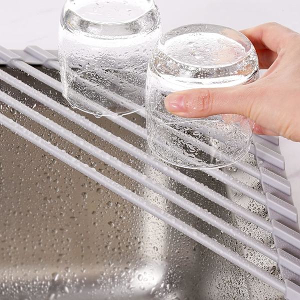 Small Triangular Foldable Dish Drying Rack with Silicone Coating, Stainless Steel Frame for Sink Corner, Multifunctional Drainer (Grey)