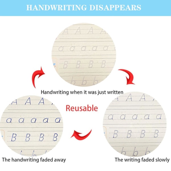 4 st räfflade handskriftsövningsböcker, magisk skrivbok för barn med automatiskt försvinnande bläckpenna
