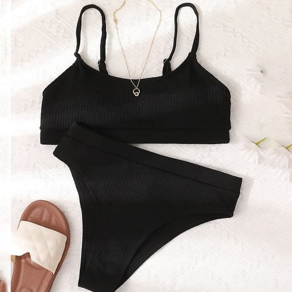 Kvinder Høj Talje Ribbet Cami Bikini Sæt Sort XL