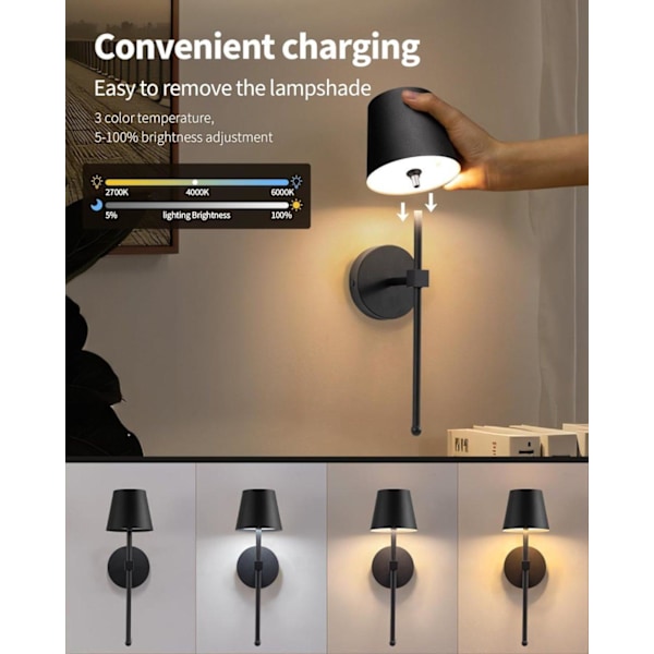 Wireless Wall Sconces 2-Pack, LED Lamps with Rechargeable Battery, Stepless Dimmer with Remote Control Black