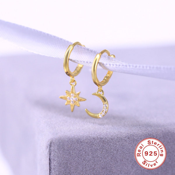 Small Hoop Örhängen för kvinnor Sterling Silver med Berlocker Asymmetrisk Snowflake Crescent (guld) rose gold