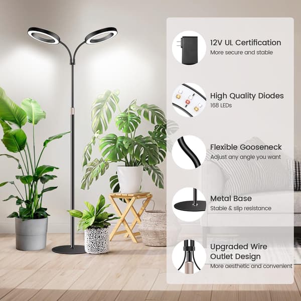 Fullspektrum Dobbelthodet LED Vekstlys med Timer, 3 Farger, 170cm Justerbart Stativ