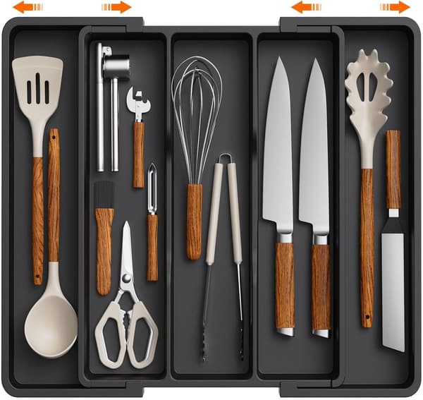 Cutlery Drawer Organizer, Expandable Large Cutlery Tray for Kitchen, Adjustable Silverware Holder, Black