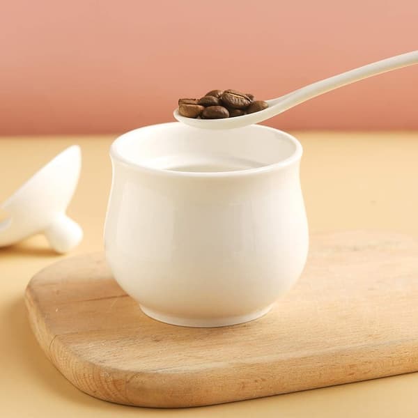 Keramisk sukkerskål, hvid porcelænssukkerbeholder med låg og ske