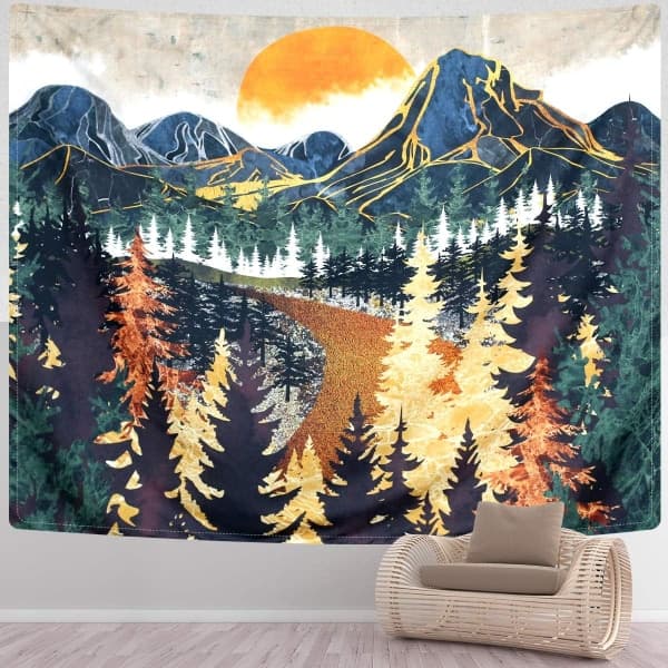 Mountain Tapestry Wall Hanging Forest Trees Art Tapestry Sunset T 150*100cm