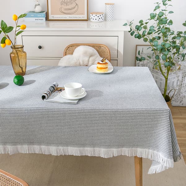 Bordsduk i bomullslinne, litet runt bord, soffbordsduk våfflad vit grå sammanvävning_yux Våfflad vit grå sammanvävning 90*90cm Waffle white grey interweaving 90*90cm