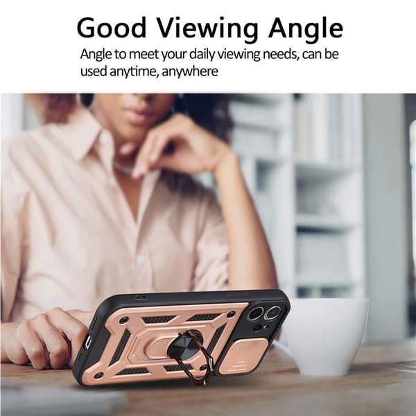 Rosegull iPhone 13 Pro Max-deksel med skyvbart kameradeksel og stativ, innebygd 360° roterende ringholder mag-deksel