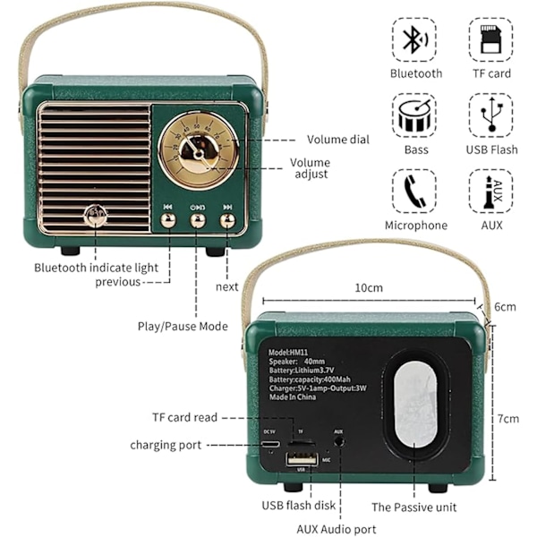 Retro Bluetooth-kaiutin, klassinen vanhanaikainen radiomuotoilu, Bluetooth 5.0 langaton yhteys, tuki TF-kortille Black