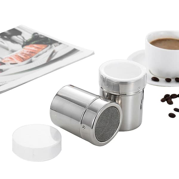 2 stk rustfrie sjokoladeshakere, støvshakere, strøere, melis, kakaomel, kaffemeshsikt