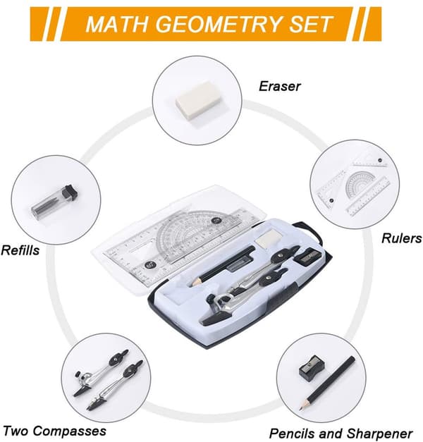 Math School Set 10 in 1 - Compass / Set Square / Ruler / Pencil / Protractor / Eraser - School Compass Set - School Supplies Junior High