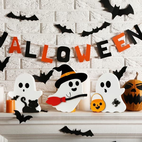 3-delt sæt med spøgelse Halloween-dekoration træbakke bordkort