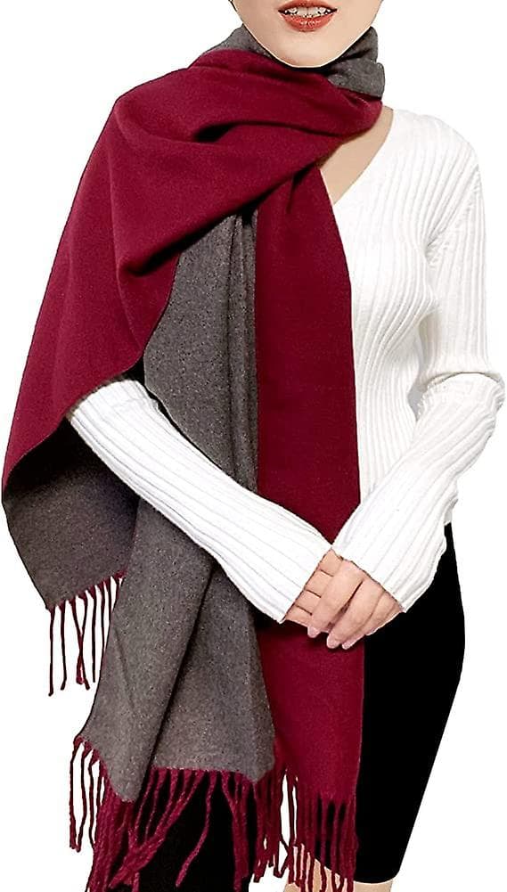 Rød+grå) Dame Kasjmirskjerf Vinter Vendbar Pashmina Lang Stor Tykk Varme Skjerf Med Dusk Til Bryllupsgave