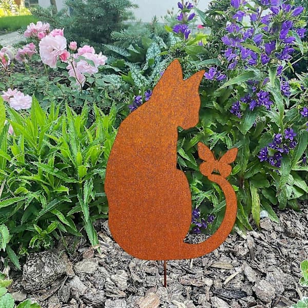 Rusten Kat Havepynt til Blomsterkrukke, Naturlig Rustpatina, Retro Blomsterhavepynt til Havesterrasse Balkon
