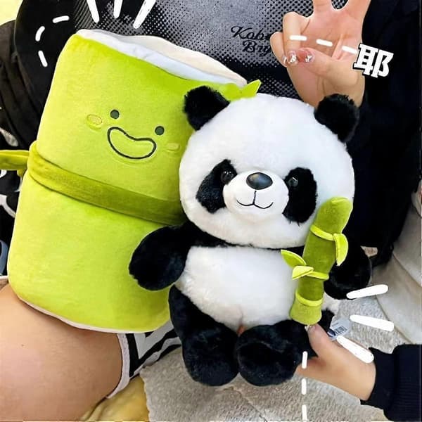 24,9 cm Panda Gosedjur, Söt Panda Plysch som Kramar Bambu, Panda och Bamburör Set om 2, Stor Panda Plyschleksak som Bor i Bambu