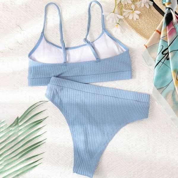Kvinnor Högmidjade Ribbad Camisole Bikini Set Ljusblå L-US12