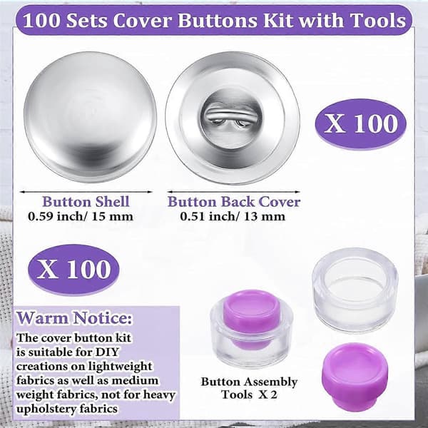 100 Set Cover Buttons Kit with Tools Size Buttons to Cover Yourself Cover Buttons DIY Fabric Clothing